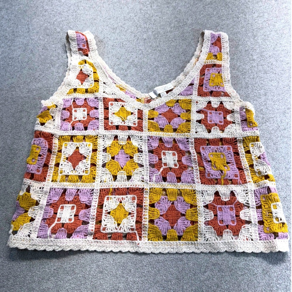 Rebellion Crochet Tank Top Womens XS Multicolor Granny Square Boho‎ Festival
